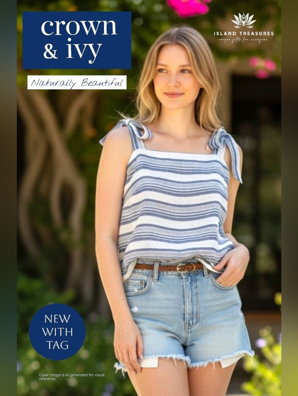 NWT Crown & Ivy Size L 100% Linen Navy Blue and White Striped Tie-Shoulder Strap
